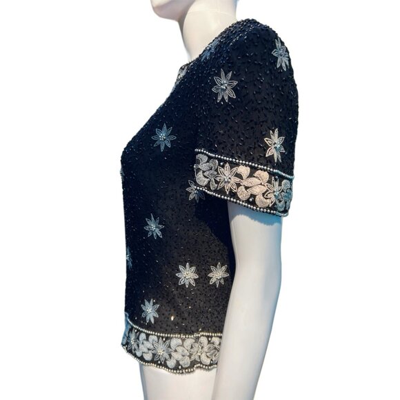 Vintage Black Beaded & Silver Floral Embroidered Short-Sleeve Top With Intricate - Picture 9 of 12